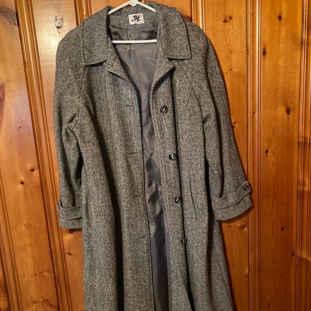 Size Medium Vintage Womens JH Navy & grey knit wool Over Coat Made in U.S.A.